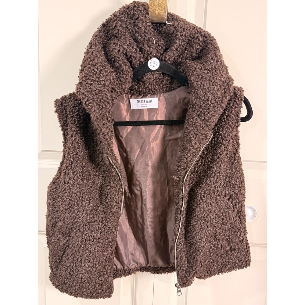 Double Zero Womens Brown Sherpa Fleece Hooded Vest Full Zip Large